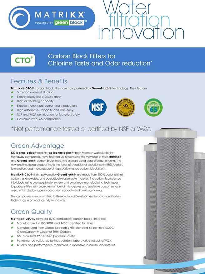KX 32-250-20-GREEN | 20" CTO Carbon Block Water Filters for Chlorine Taste and Odor reduction | KX MatriKX Powered by GREENBLOCK | Replaces 32-250-125-20
