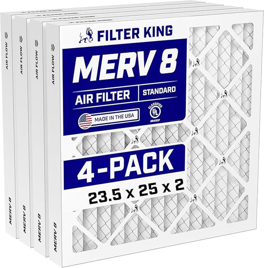 Filter King 23.5x25x2 Air Filter (MERV 8) (4-Pack) Dust & Allergy Control AC Furnace Filters, MADE IN USA, HVAC, Pleated, Electrostatic (Actual Size: 23.5 x 25 x 1.75)