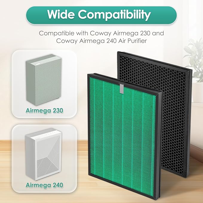 4 Pack 230/240 Replacement Filter Set for Coway Airmega 240 230 (AP-1821F) Air Purifiers, Max 2 Green True and Active Carbon Filters, 2 Set, Part #3111151