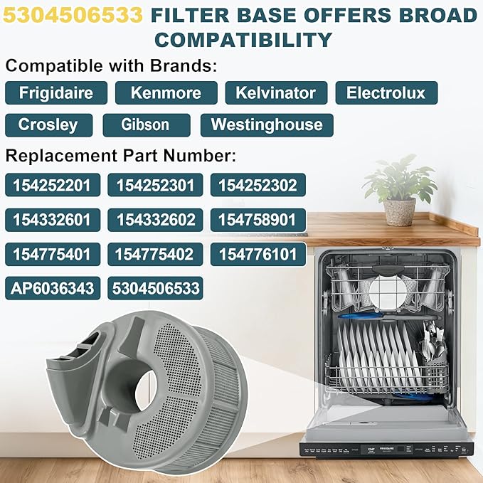 5304506533 Dishwasher Filter Base Compatible With Frigidaire Dishwasher Filter Replaces 154252201 154252301 154252302 154332601 154332602 154758901 154775401 154775402 154776101 AP6036343 4456343