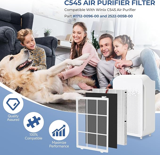 2 Pack C545 Replacement Filter S Compatible with Winix C545 Air Purifi-er, Parts 1712-0096-00 and 2522-0058-00, 2 True HEPA Filter S and 4 Activated Carbon Filter with 1 Washable Pre-Filter
