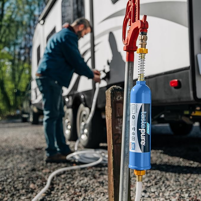 Camco Tastepure XL RV Water Filter - Reliable RV Inline Water Filter with Flexible Hose Protector - GAC & KDF Water Filtration - Made in USA - Camping Essentials for Fresh Drinking Water (40019)