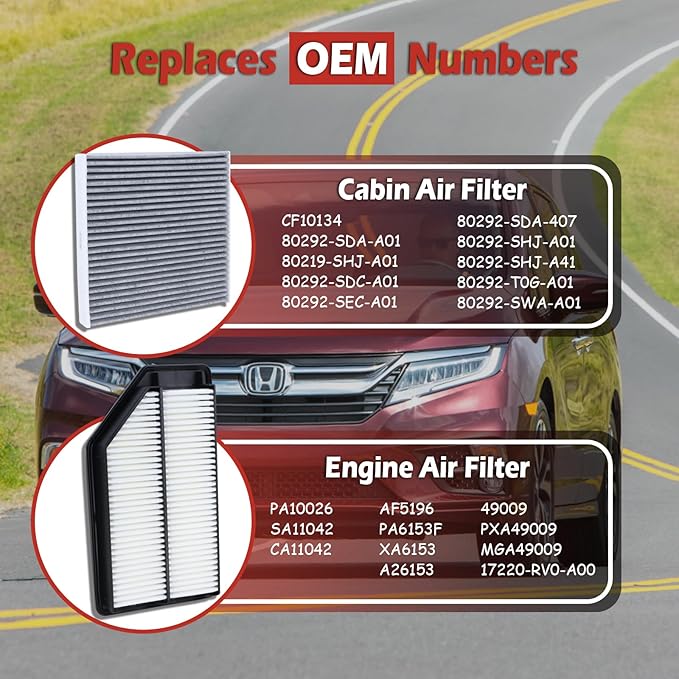 17220-RV0-A00 Engine Air Filter and 80292-SDA-A01 Cabin Air Filter kit Compatible with 2011-2017 Honda Odyssey 3.5L Replaces CA11042 A26153 CF10134 80292-SDA-407