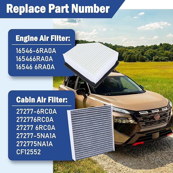 Engine Air Filter & Cabin Air Filter Combo Kit Compatible with Nissan Rogue 2021 2022 2023 2024 2025 1.5L 2.5L Replaces 16546-6RA0A, 165466RA0A, 27277-6RC0A, 272776RC0A, CF12552