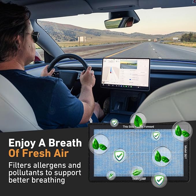 HEPA Cabin Air Filters for Tesla Model 3 & Model Y Air Filters with Activated Carbon, 3 Stage Filtration, and Foam Seal Gasket (2 Pack) - Fits All Model Years and Trims 2016-2026 - EveryAmp