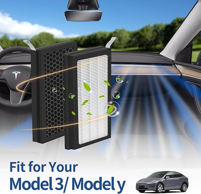 Model 3/Y Air Filter Compatible with Tesla Model 3 Model Y Accessories 2016 to 2023 Version, Premium HEPA and Activated Carbon 2-IN-1 Cabin Air Filters, 1 Set of Model 3 Filter Kit with Removal Tools