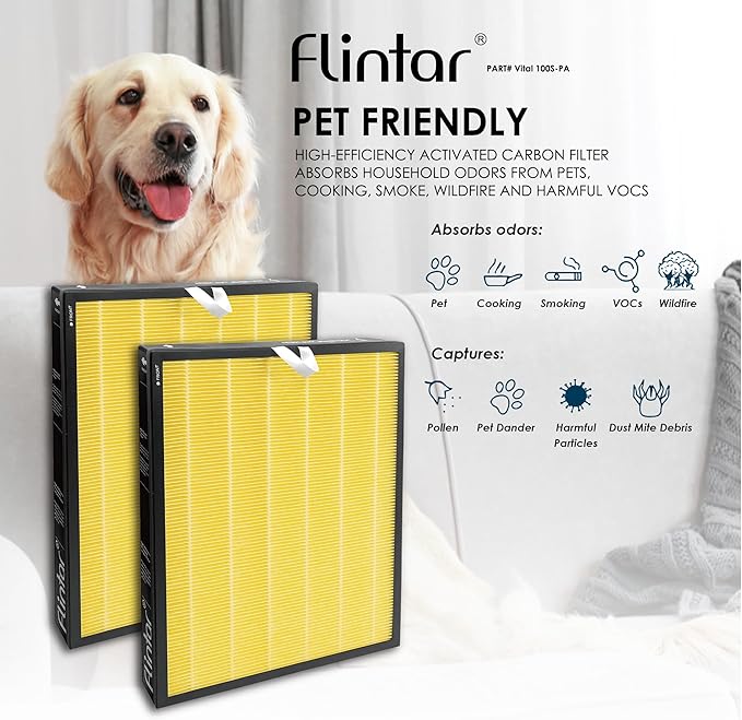 Flintar Vital 100S Pet Allergy Replacement Filter, Compatible with LEVOIT Vital 100S Air Purifier, H13 True HEPA + Activated Carbon Replacement filter, Part # Vital 100S-RF-PA, 2-Pack