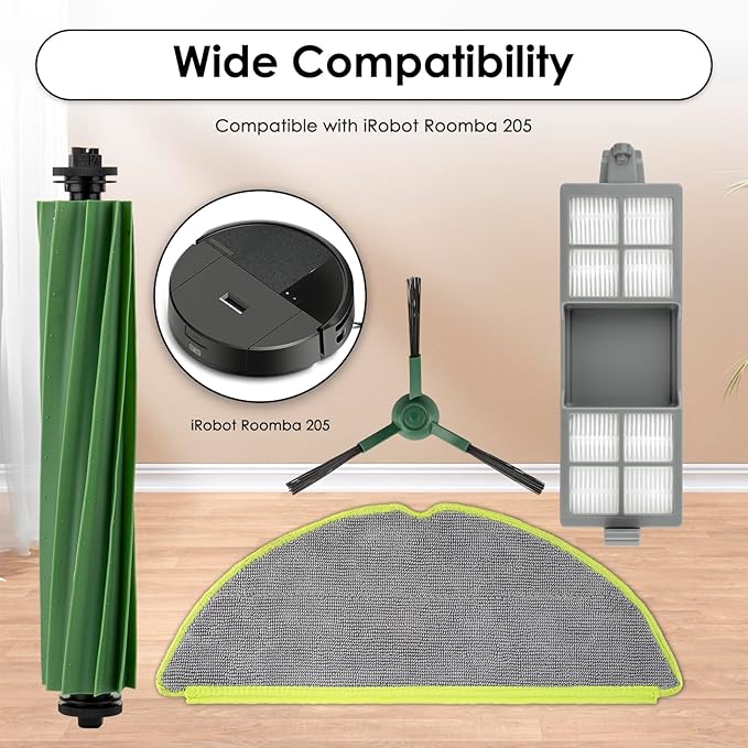 (18 Pack) Roomba 205 DustCompactor Vac Replacement Parts Compatible with iRobot Roomba 205 DustCompactor Vac Robot Vacuum, 2 Roller Brushes, 4 Mop Pads, 6 Side Brushes, 6 HEPA Filters, Accessories Kit
