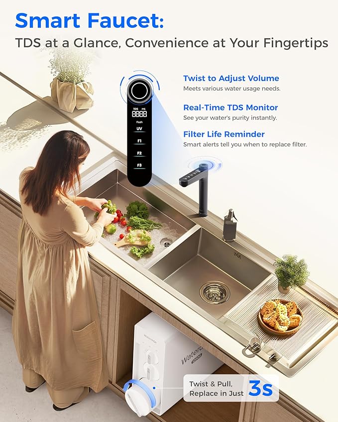 Waterdrop X12-WAB Alkaline Mineral Tankless Reverse Osmosis Water Filter, NSF/ANSI 42&58&372 Certified, 1200 GPD, 11-Stage RO Water Filter System, 3:1 Pure to Drain, Smart Black Faucet, BPA Free