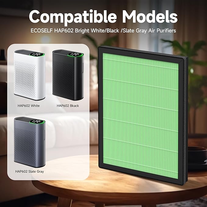 2 Packs HAP602 Toxin Absorber Replacement Filters Compatible with ECOSELF HAP602/ HAP602WF Air Cleaner Purifier, 3-in-1 Filtration of H13 True HEPA Filter, Pre-Filter & Activated Carbon Filter, Green
