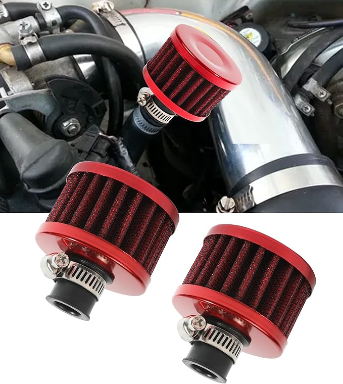 2Pcs Mini Air Vent Crankcase Breather, Cold Air Intake Filter for Car, Motorcycle (Red)