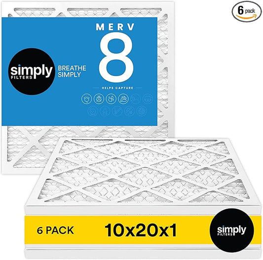 Simply 10x20x1 Air Filter, MERV 8, 6 Pack, For Home AC Furnace & HVAC (Actual Size: 9.75"x19.75"x0.75") DUST, Pet, & Allergy Control