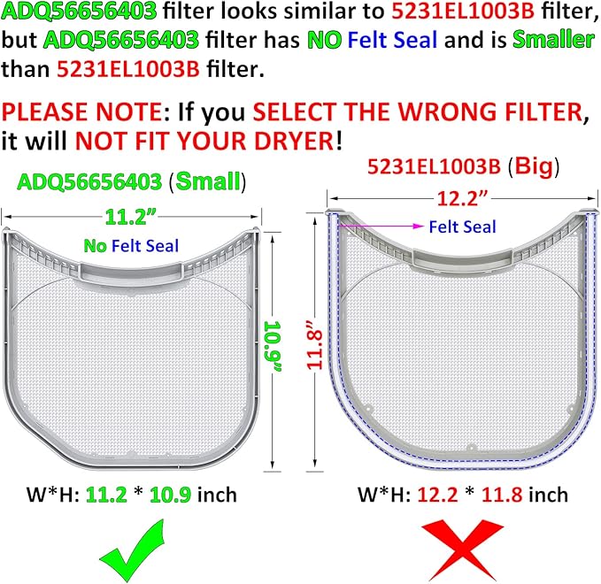 ADQ56656403 Lint Filter Replacement for LG Dryers and WashTowers, Ultra Durable Lint Screen Trap, Rim without Felt Seal, Filter Size 11.2 * 10.9 inch (28.4 * 27.6 cm)