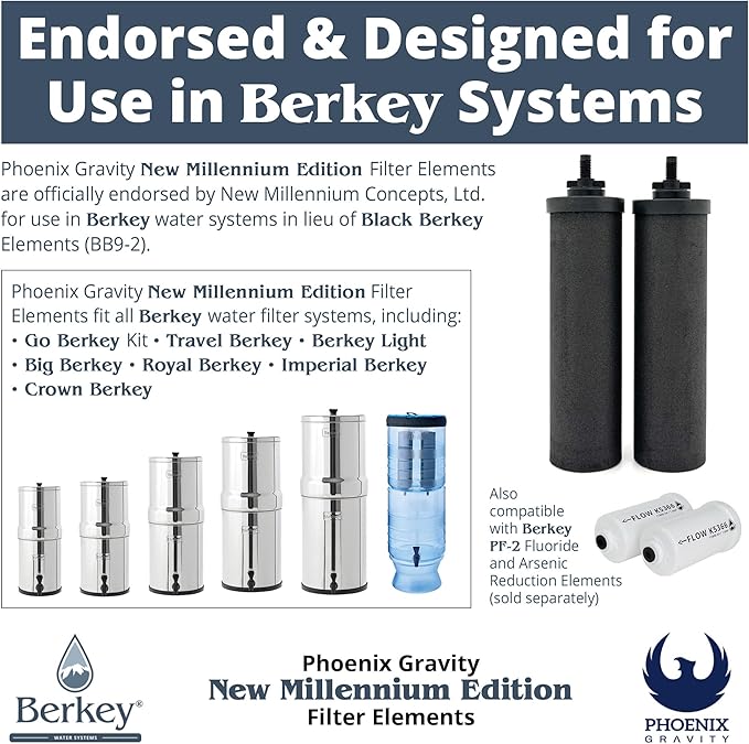 Berkey - Phoenix Gravity New Millennium Edition Water Filter Elements (Set of 6) - NMCL Endorsed Replacement in Lieu of Black Berkey Elements BB9-2