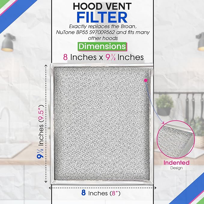 Bagean Stove Hood Vent Filter 8" x 9.5" BP55 Compatible with Broan Range Hood Filter Replacement and NuTone Kitchen Exhaust Fan - Aluminum Screen Blocks Grease & Filters Over Oven Air (2-Pack)