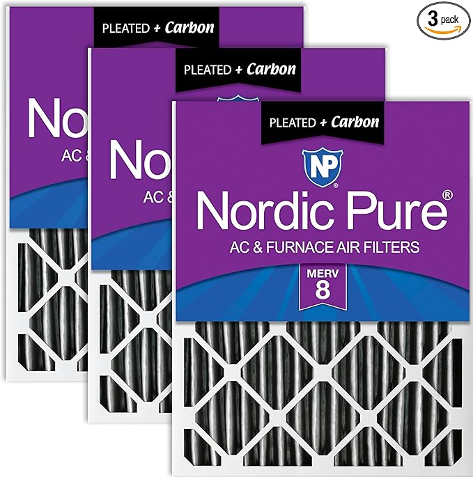 Nordic Pure 14x25x2 (Actual Size: 13 1/2 x 24 1/2 x 1 3/4) Furnace Air Filters MERV 8 Pleated Plus Carbon 3 Pack
