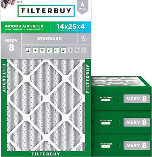 Filterbuy 14x25x4 Air Filter MERV 8 Essential Dust & Allergy Defense (4-Pack), Electrostatic Pleated HVAC AC Furnace Filters Replacement (Actual Size: 13.88 x 24.88 x 3.63)