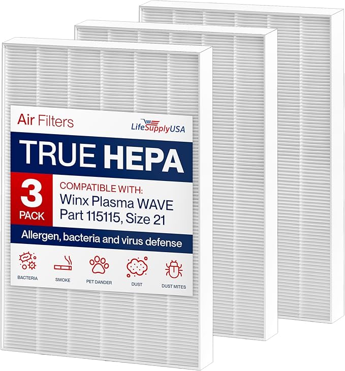 115115 3 HEPA Filter A Replacement for C535, 5300, 5300-2, 5500, 5500-2, 6300, 6300-2, P300, AM90, C909, 9800 Compatible with Winix Air Purifier Filter Replacement Plasmawave Size 21 by LifeSupplyUSA