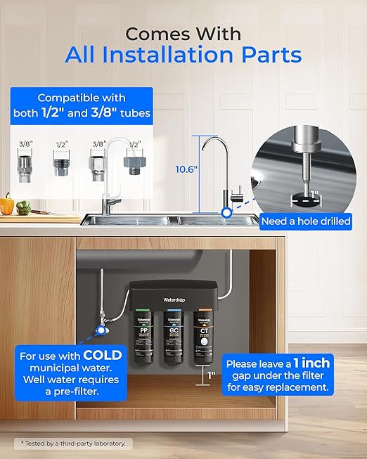 Waterdrop TSB 8 Layer Under Sink Water Filter, Reduces PFAS, PFOA/PFOS, Fluoride, Chlorine, Bad Taste & Odor, with Dedicated Faucet, NSF/ANSI 42 Certified Element, Under Sink Water Filtration System