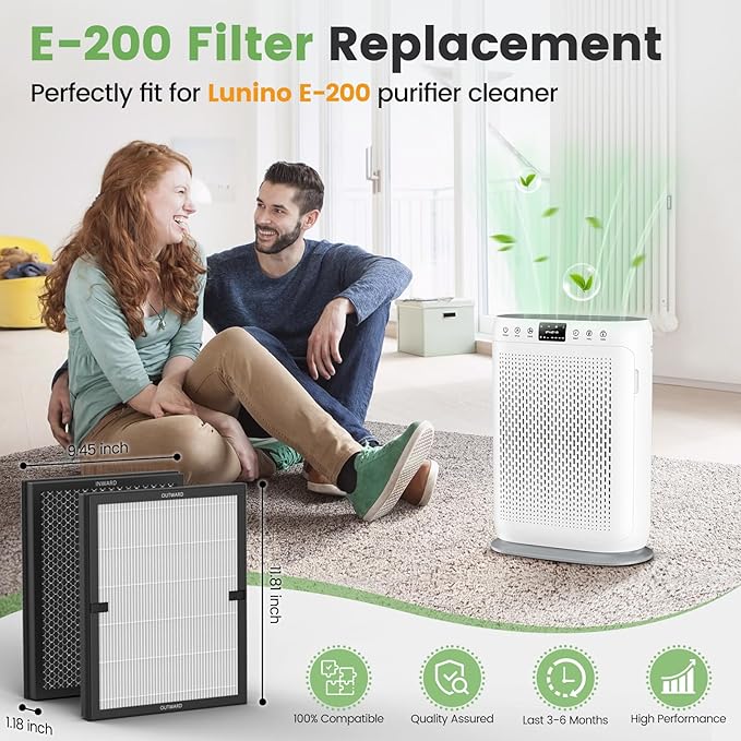 E-200 filter Replacement Compatible with LUNINO E-200 Air purifier for Home Large Room up to 1740sq.ft, 3-Stage Filtration with HEPA Air filter for Dust, Smoke, Dander, Pollen, 4 Pack