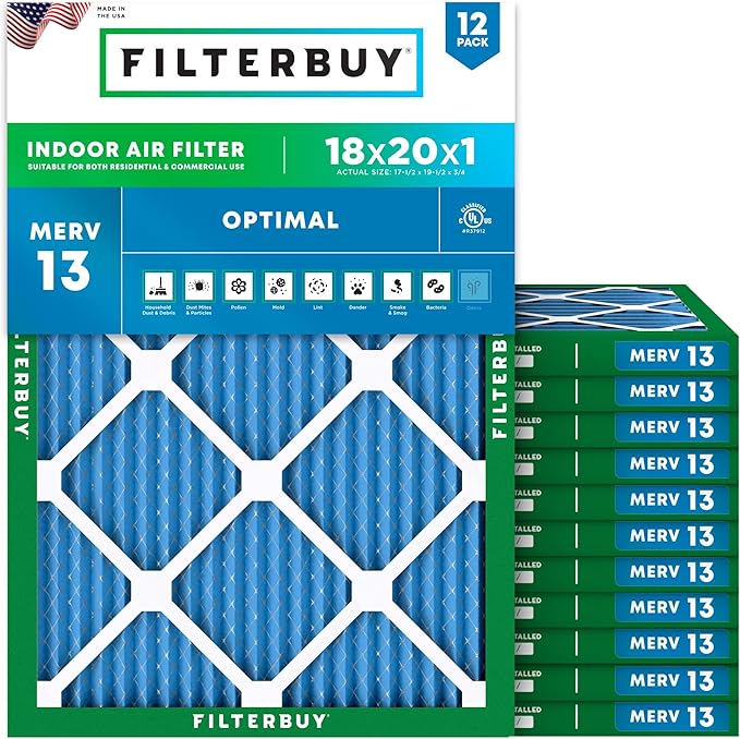 Filterbuy 18x20x1 Air Filter MERV 13 Optimal Smoke & Allergy Defense (12-Pack), Electrostatic Pleated HVAC AC Furnace Filters Replacement (Actual Size: 17.50 x 19.50 x 0.75)