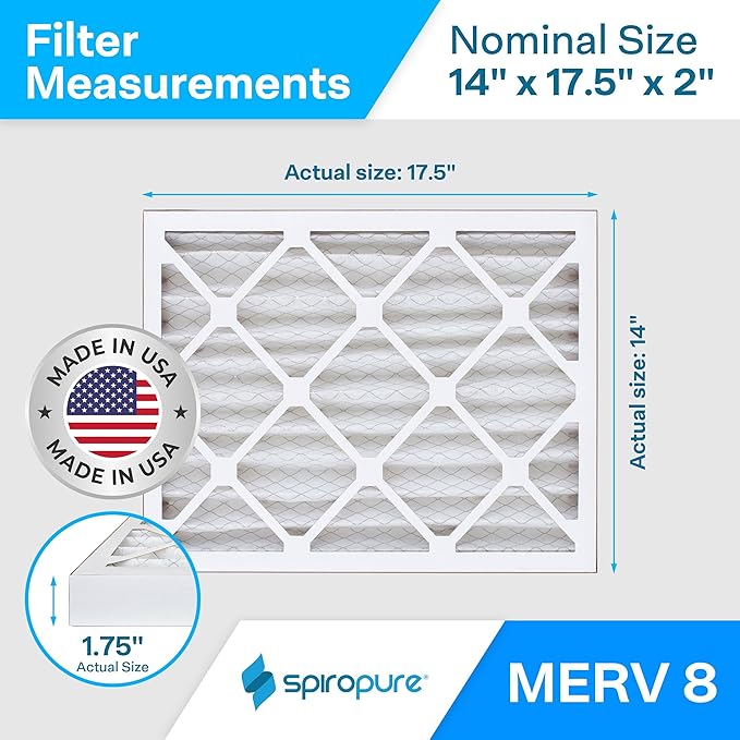 SpiroPure 14X17.5X2 MERV 8 Pleated Air Filters - Made in USA (6 Pack)