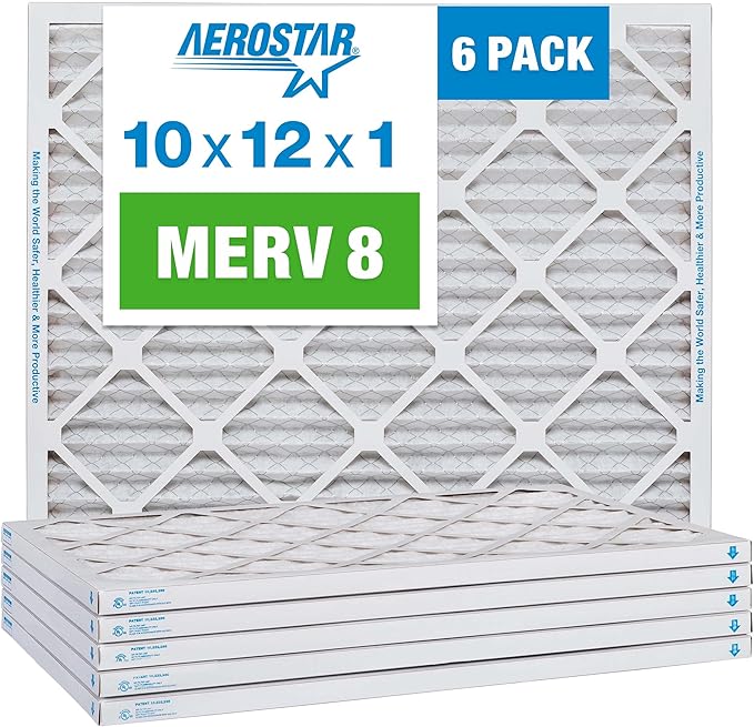 Aerostar 10x12x1 MERV 8 Air Filter, Pleated AC Furnace HVAC Filters (10x12x1), Electrostatically Charged for Allergies Dust Pet Dander Pollen Mold Lint, MPR 600 FPR 5, USA, 6 Pack