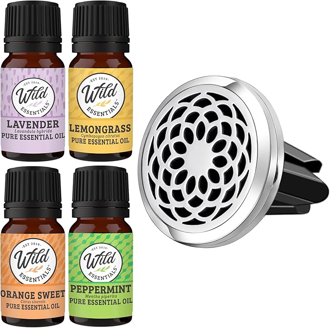 Wild Essentials Sunflower Essential Oil Car Vent Diffuser Kit, Lavender, Lemongrass, Peppermint, Orange Oils, Stainless Steel Locket Pendant, 8 Refill Pads, Customizable Color Changing Air Freshener
