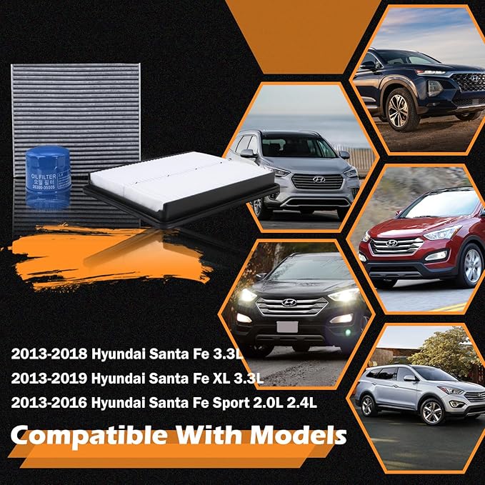 Kefly 28113-2W100 Engine Air Filter & 26300-35505 Oil Filter & 97133-3SAA0 Cabin Air Filter Fits for 2013-2018 Hyundai Santa Fe, 2013-2019 Santa Fe XL, 2013-2016 Santa Fe Sport