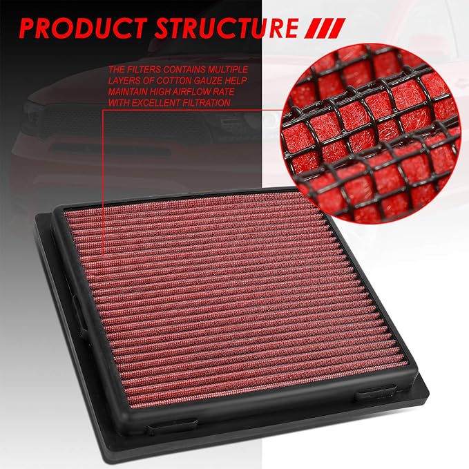Auto Dynasty High Flow Engine Air Panel Filter Drop-in Reusable & Washable Reuseable Compatible with 2011-2021 Durango Grand Cherokee 3.6L 5.7L 6.4L (Red)