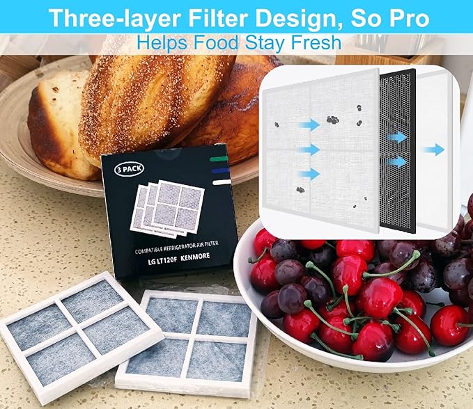 for LG Refrigerator Air Filter Replacement for LG LT120F, ADQ73214402, ADQ73214403, ADQ73214404, ADQ73334008, LMXS30776S and for Kenmore Elite 46-9918, 469918, for Fridge Air Filter (3 Count)
