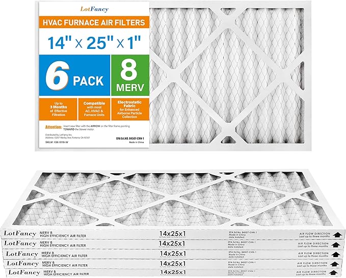 LotFancy 14x25x1 Air Filter MERV 8 6-Pack, Electrostatic Pleated Furnace & AC Filter, Captures Dust, Pet Hair, Pollen, Actual Size: 13.75"x24.75"x0.75"