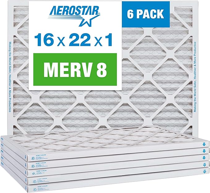 Aerostar 16x22x1 MERV 8 Air Filter, Pleated AC Furnace HVAC Filters (15.875x21.875x0.75), Electrostatically Charged for Allergies Dust Pet Dander Pollen Mold Lint, MPR 600 FPR 5, USA, 6 Pack