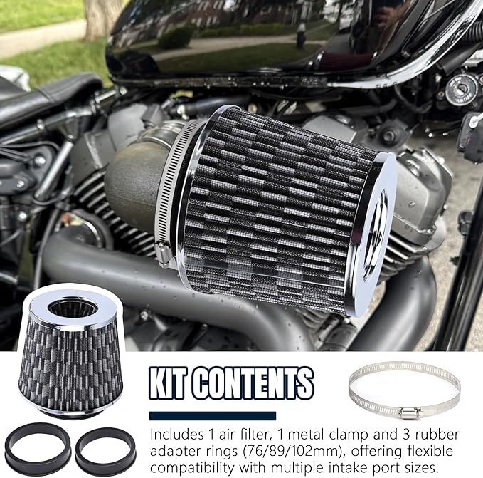 Hovom Universal Clamp-On Air Intake Filter, 76 89 102MM (3/3.5/4in) High Flow Round Tapered Cold Air Intake Filter, High Performance, Washable & Reusable, Engine Filters Replacement (Carbon Fiber)