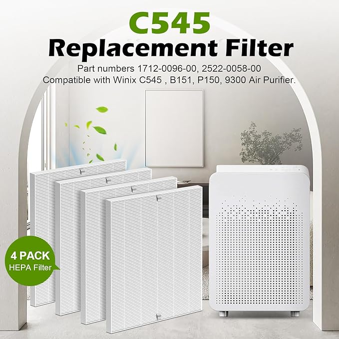 C545 True HEPA Replacement Filter 4 Pack H13 True HEPA Air Filter Replacement for Winix C545 Purifier Filter S Compatible with Part 1712-009600, 2522-0058-00 Allergy & Dust Reduction