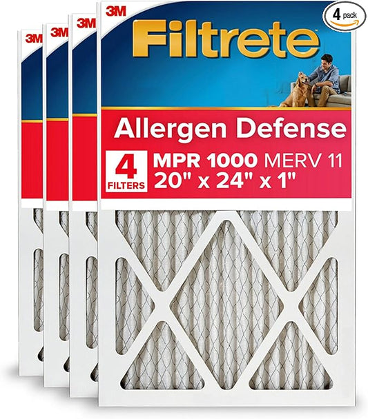Filtrete 20x24x1 AC Furnace Air Filter, MERV 11, MPR 1000, Micro Allergen Defense, 3-Month Pleated 1-Inch Electrostatic Air Cleaning Filter, 4 Pack (Actual Size 19.81x23.81x0.81 in)
