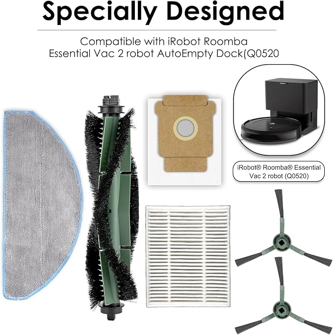 (25 Pack) Roomba 104 105 Combo Accessories Parts for iRobot Roomba 104 105 Combo Robot, Roomba Vacuum 2 Essential Robot Q0520, 2 Roller Brush, 6 Side Brushes, 6 HEPA Filters, 6 Dust Bags, 5 Mop Pads
