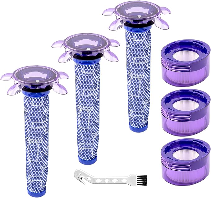 (7 Pack) Car+Boat Replacement Filters for Dyson Car+Boat handheld, V8 Animal Extra SV25, SV10, SV11, V8 FOCUS Mattress, V7 SV37, Replace #965661-05&967478-05, 3 Pre-Filters, 3 Post-Filters, 1 Brush