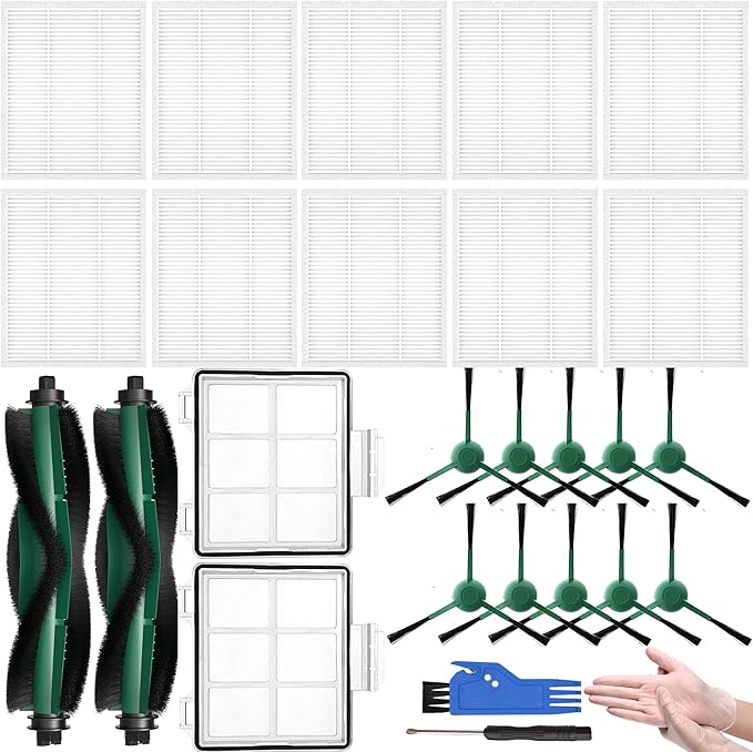 Replacement Parts Compatible with iRobot Roomba Robot Vacuum Essential Vac Q0520, Q011, Q0120 Essential Combo Y0140, Y0110, 10 Filters, 10 Side Brushes, 2 Roller Brushes, 2 Primary Filters