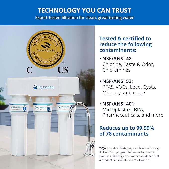 Aquasana Under Sink Water Filter | Certified 3-Stage Max Flow Filtration | Reduces up to 99.99% of PFAS, Lead, Chlorine, & More | Under Counter Drinking Water Filter | Matte Black Faucet | AQ-6300M-MB
