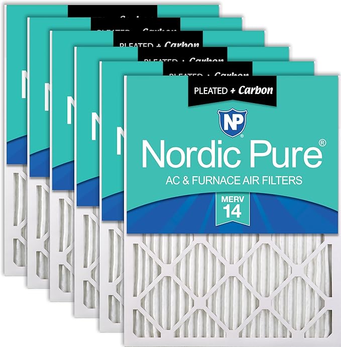 Nordic Pure 24x24x1 (Actual Size: 23 3/8 x 23 3/8 x 3/4) Pleated Air Filters MERV 14 Plus Carbon 6 Pack
