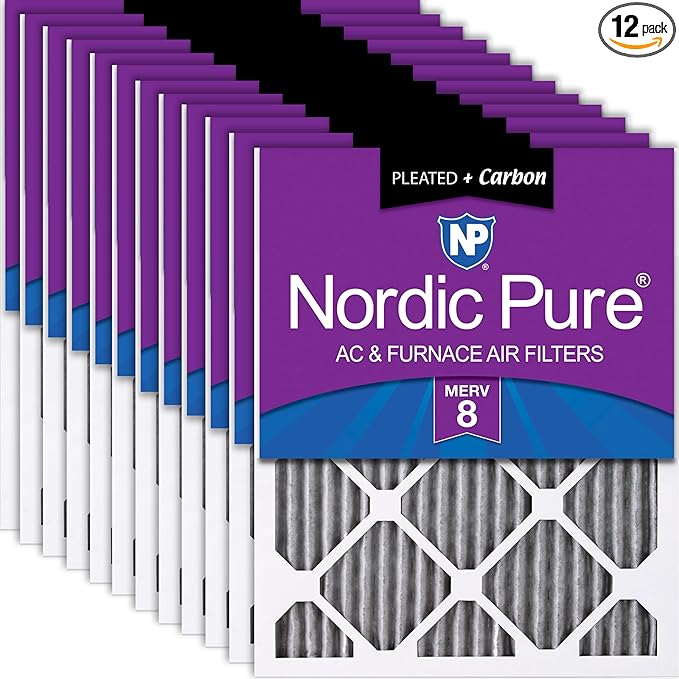 Nordic Pure 16x24x1 (Actual Size: 15 1/2 x 23 1/2 x 3/4) Furnace Air Filters MERV 8 Pleated Plus Carbon 12 Pack