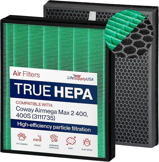 True HEPA Max2 Filter + Active Carbon Filter Set AP-2015-FP | Compatible with Coway Airmega 400 / 400S (3111735) Air Purifiers by LifeSupplyUSA