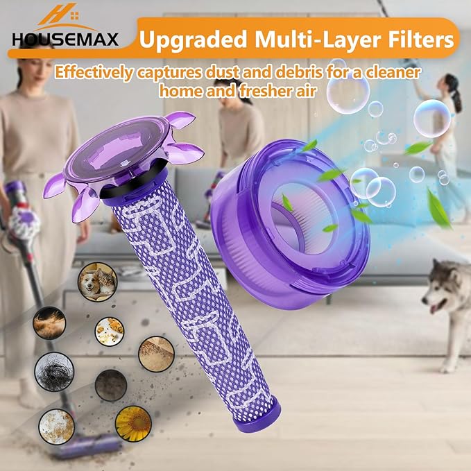 HOUSEMAX Upgraded V8 Filter Replacement Kit Compatible with Dyson V8 SV25 / V8 Animal Extra / V7 SV37 Cordless Vacuum Replaces Parts #965661-05 & #967478-05