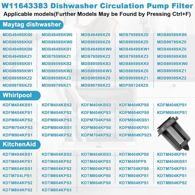 W11643383 Dishwasher Circulation Pump Filter Replaces the W11108699, Compatible with Whirlpool Maytag KitchenAid, Applicable to MDB4949SKB0, KDFM404KBS0, KDTM404KBS0, MDB4949SKB0 Etc