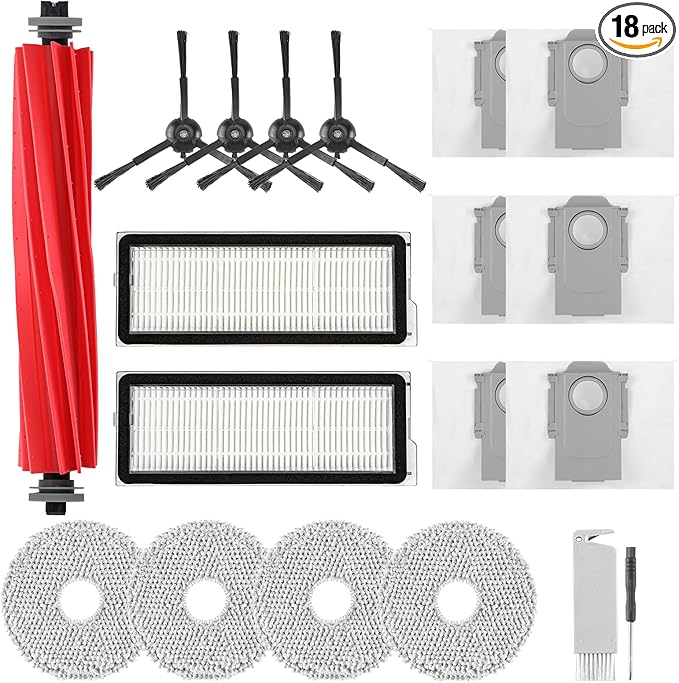 Accessories Replacement Kit for Roborock Q Revo S, Qevo Pro, Qrevo Plus Robot Vacuum, 1 Main Brush, 4 Mop Cloth, 2 Washable Filter, 4 Black Side Brushes, 6 Dust Bag, 1 Cleaning Tool - 18 Pcs