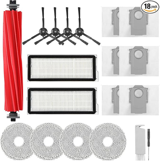 Accessories Replacement Kit for Roborock Q Revo S, Qevo Pro, Qrevo Plus Robot Vacuum, 1 Main Brush, 4 Mop Cloth, 2 Washable Filter, 4 Black Side Brushes, 6 Dust Bag, 1 Cleaning Tool - 18 Pcs