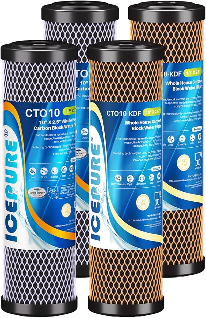 ICEPURE 2-Stage 2.5" x 10" Whole House Water Filter Cartridge Replacement Combo Kit, 1 Micron Activated Carbon Block Filter and KDF Compatible with WFPFC9001, SCWH-5, WHCF-WHWC, FXWTC, CBC-10, 2 Combo