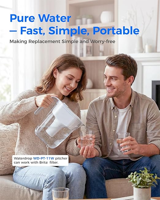 Waterdrop Water Filter Pitcher with 3 Replacement Filters, Can Work with Brita® Water Pitchers & Brita® Water Filters, BPA-Free, Fast Flow, Reduces Chlorine, Lead, Up to 6 Months, 7-Cup, White