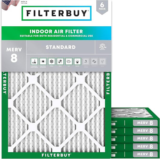 Filterbuy 16.5x21x1 Air Filter MERV 8 Essential Dust & Allergy Defense (6-Pack), Electrostatic Pleated HVAC AC Furnace Filters Replacement (Actual Size: 16.50 x 20.50 x 0.75)